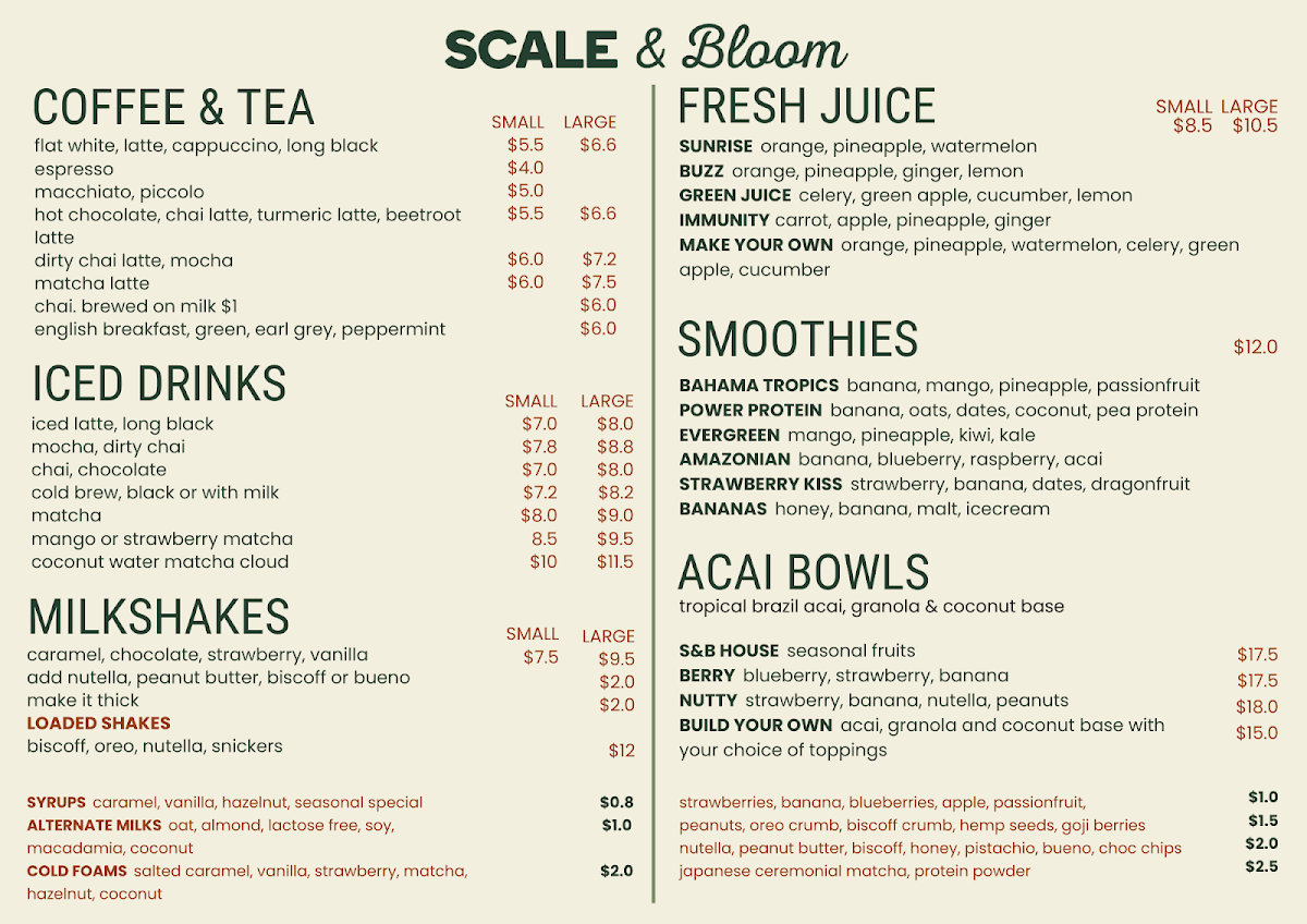 Menu, Scale & Bloom Cafe - New Lambton