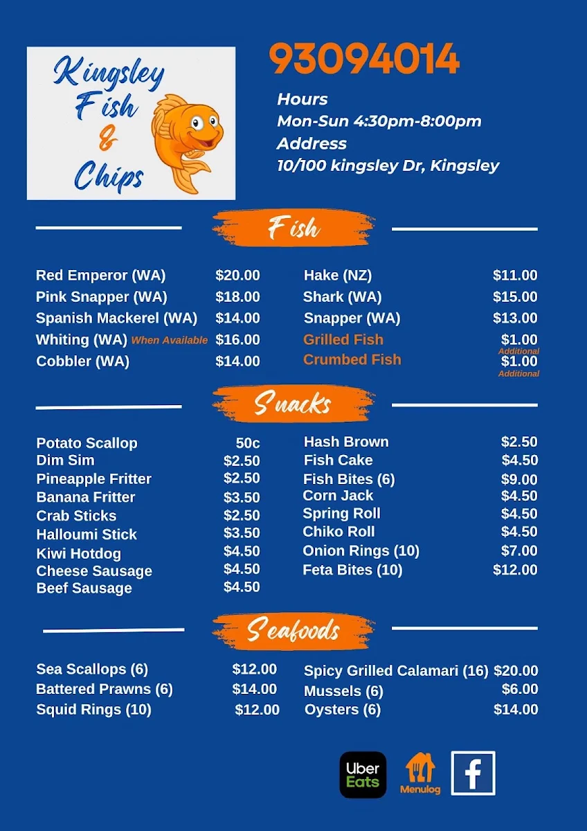 Menu, Kingsley Fish and Chips