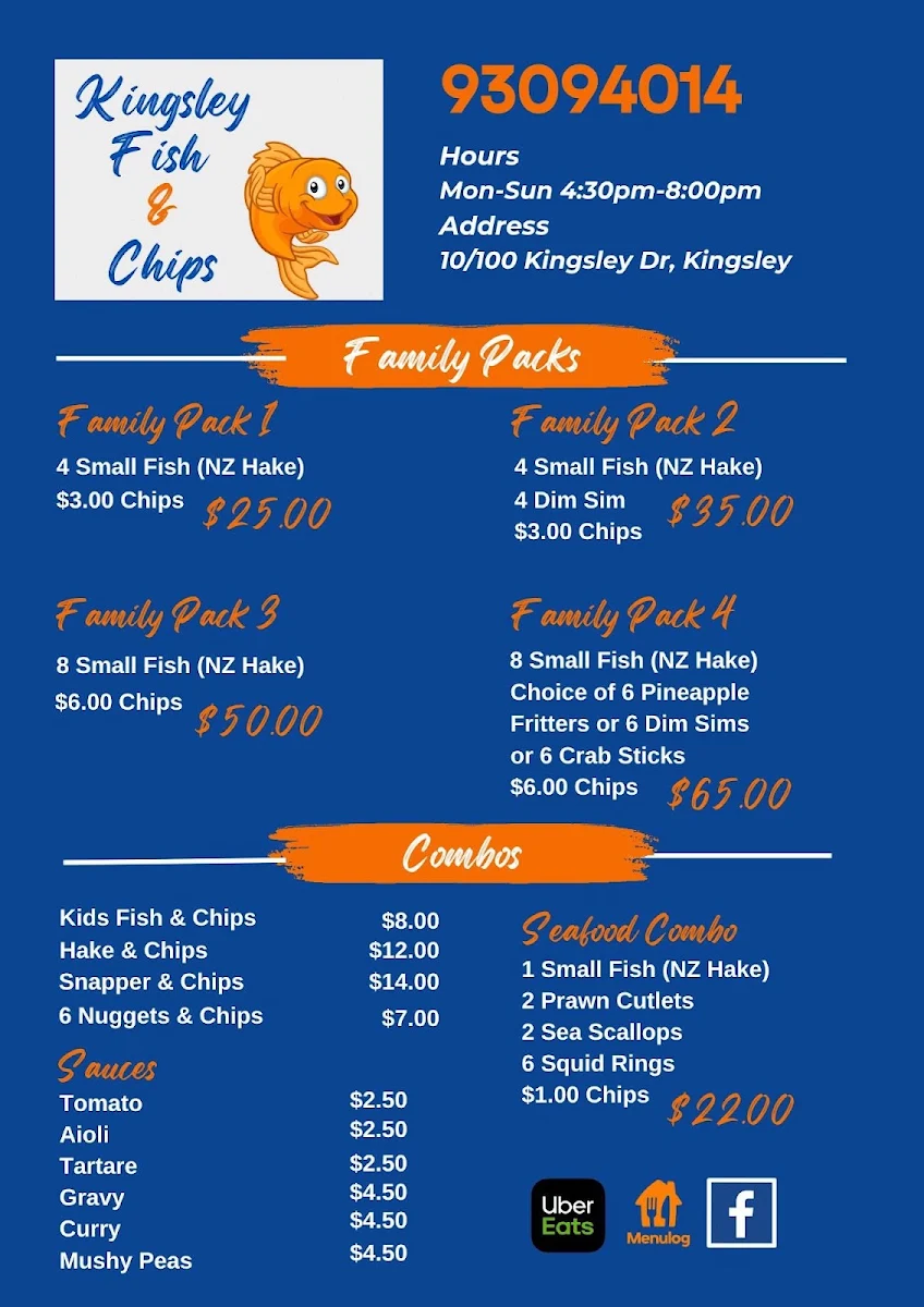Menu, Kingsley Fish and Chips