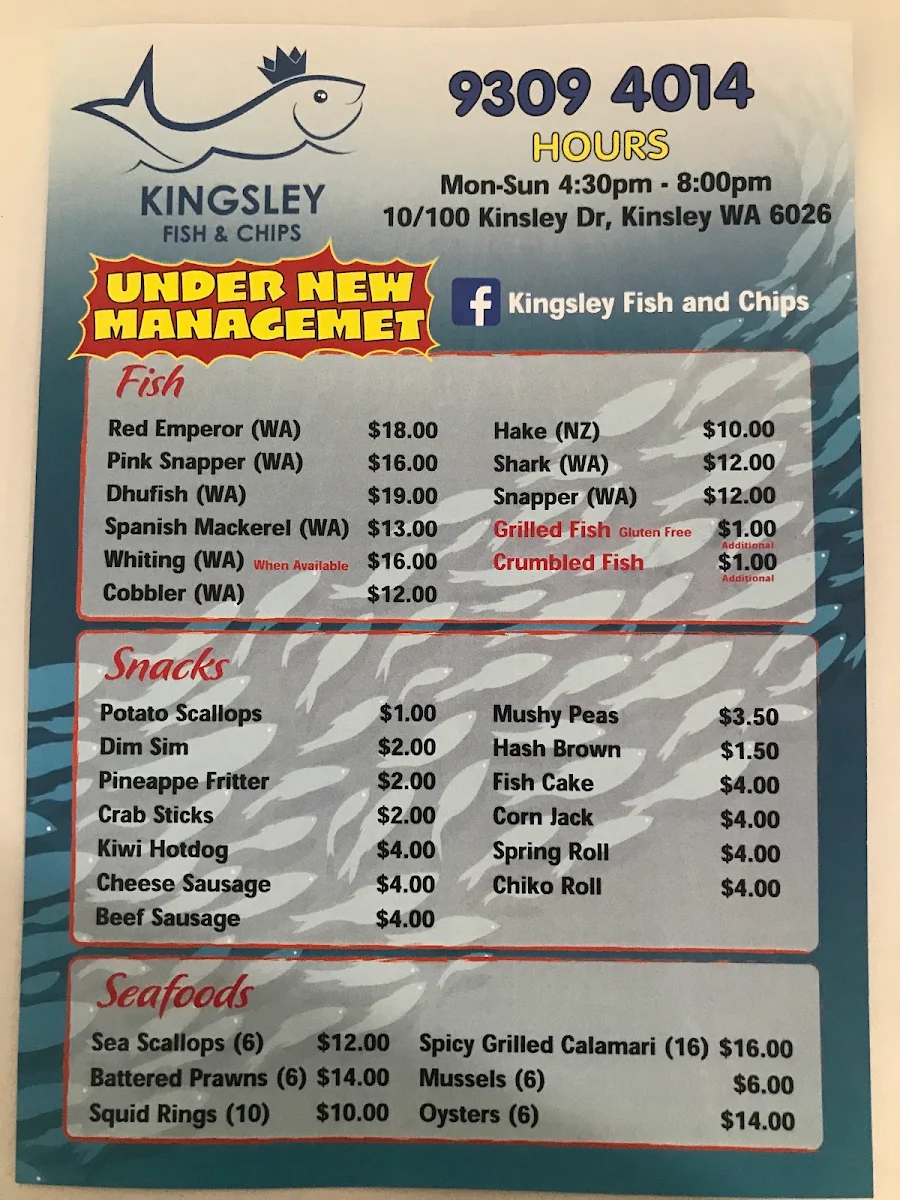 Menu, Kingsley Fish and Chips