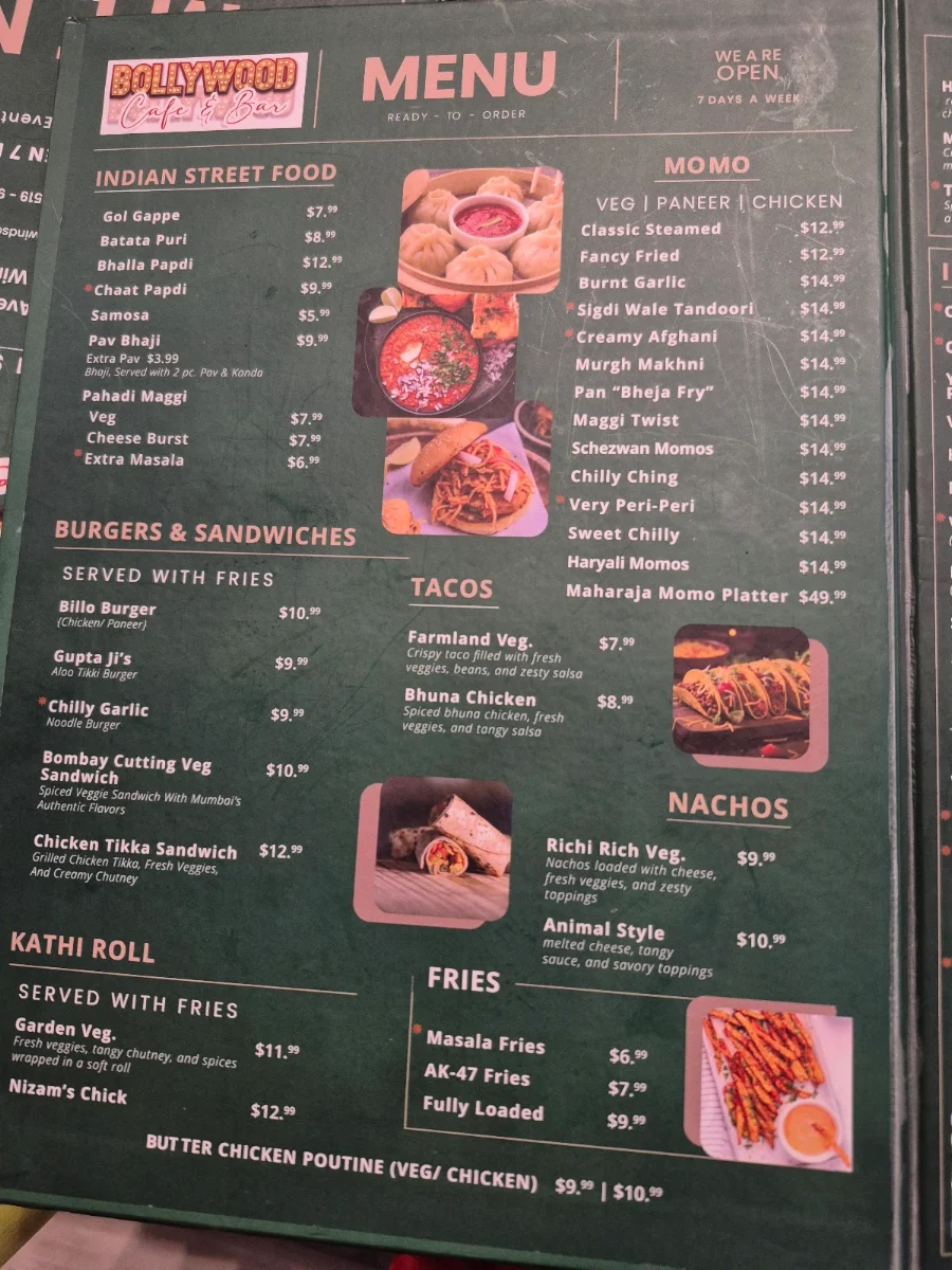 Menu, Bollywood Cafe Indian Street Eats & Bar.