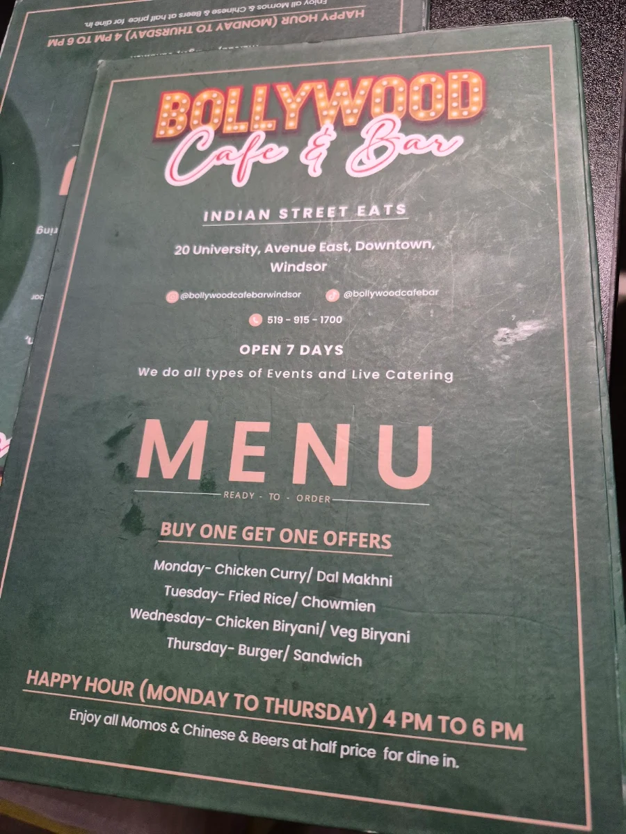 Menu, Bollywood Cafe Indian Street Eats & Bar.
