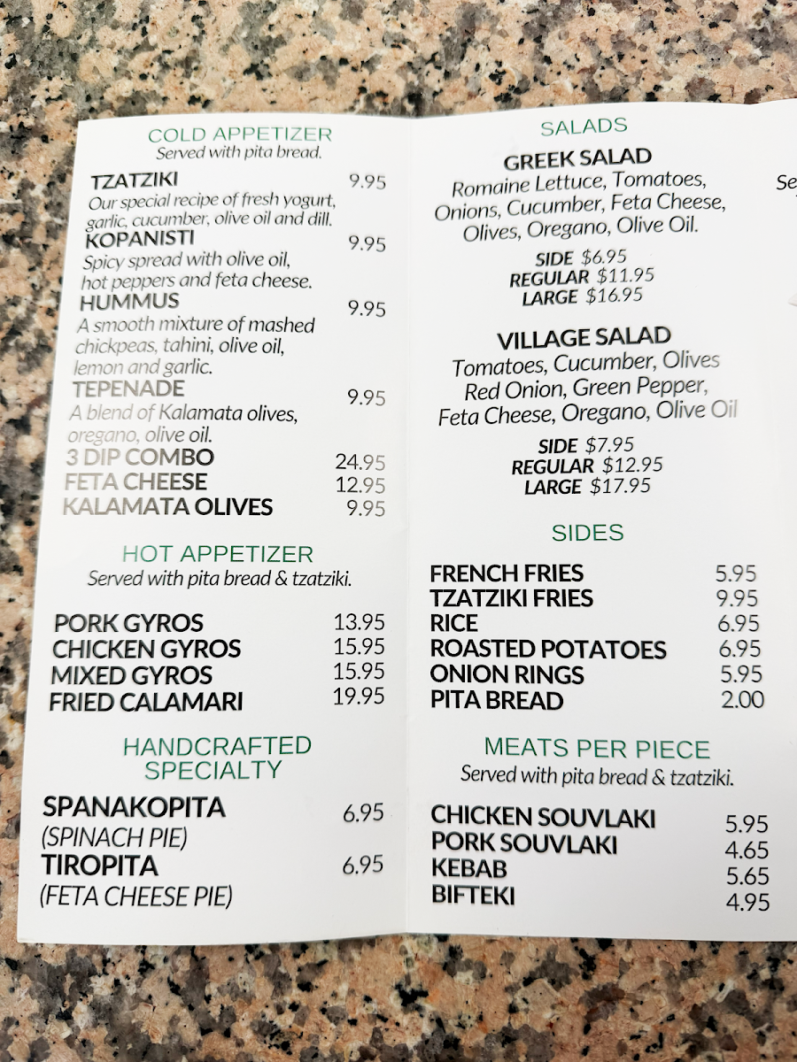 Menu, Tzatziki MT pleasant