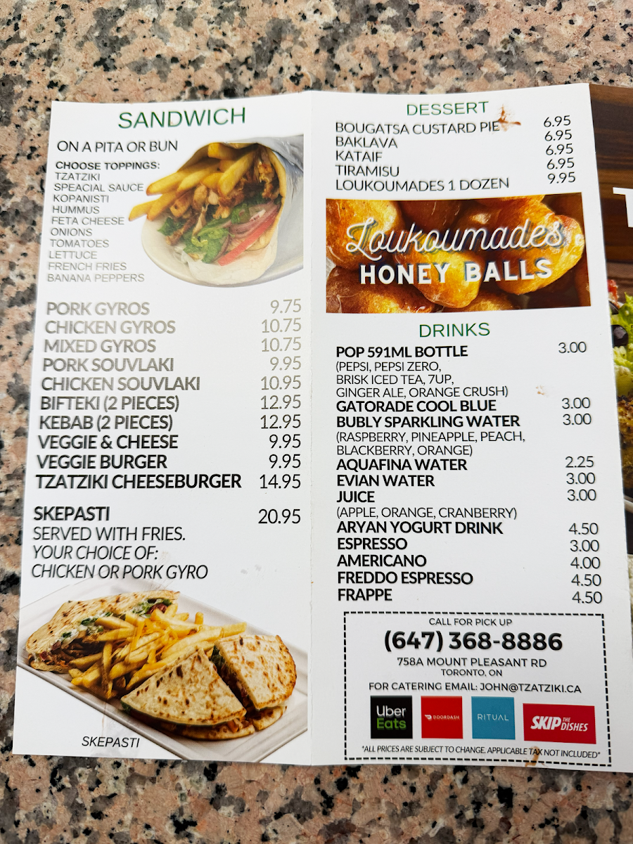 Menu, Tzatziki MT pleasant