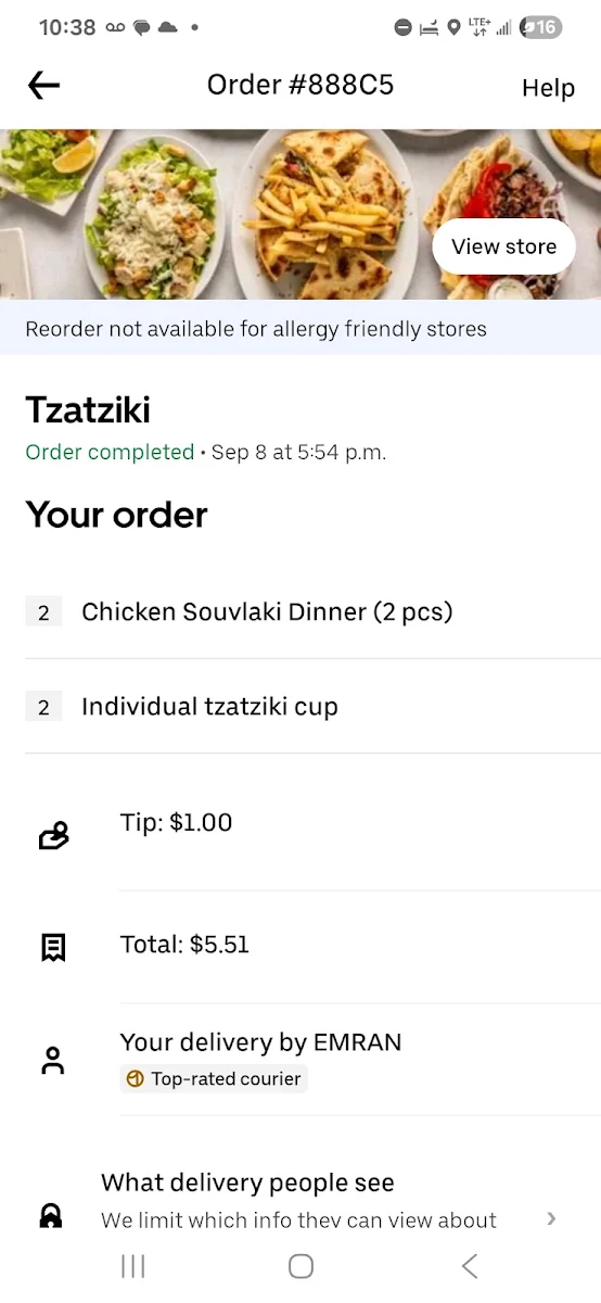 Menu, Tzatziki MT pleasant