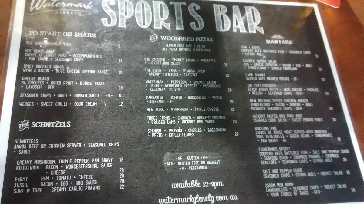 Menu, Watermark Glenelg