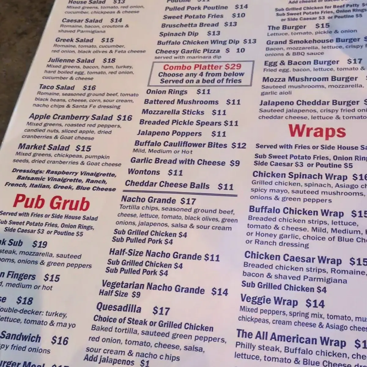 Menu, Grand Central Sports
