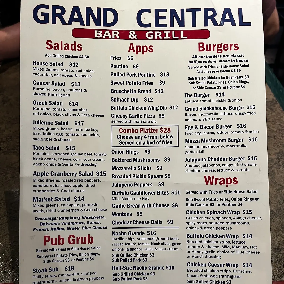 Menu, Grand Central Sports