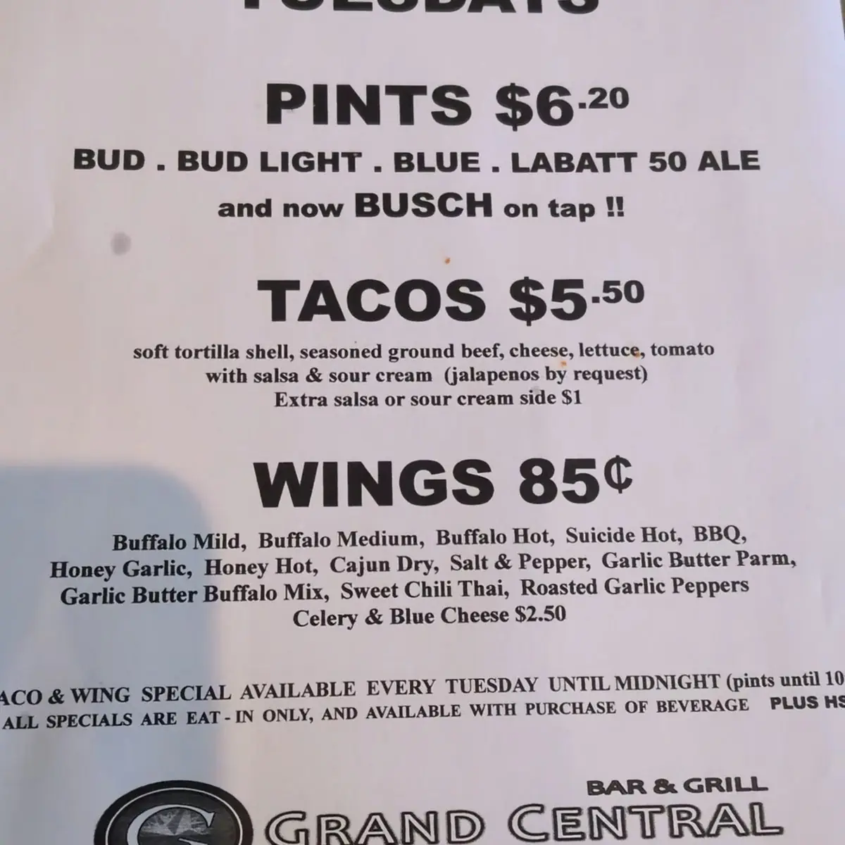 Menu, Grand Central Sports