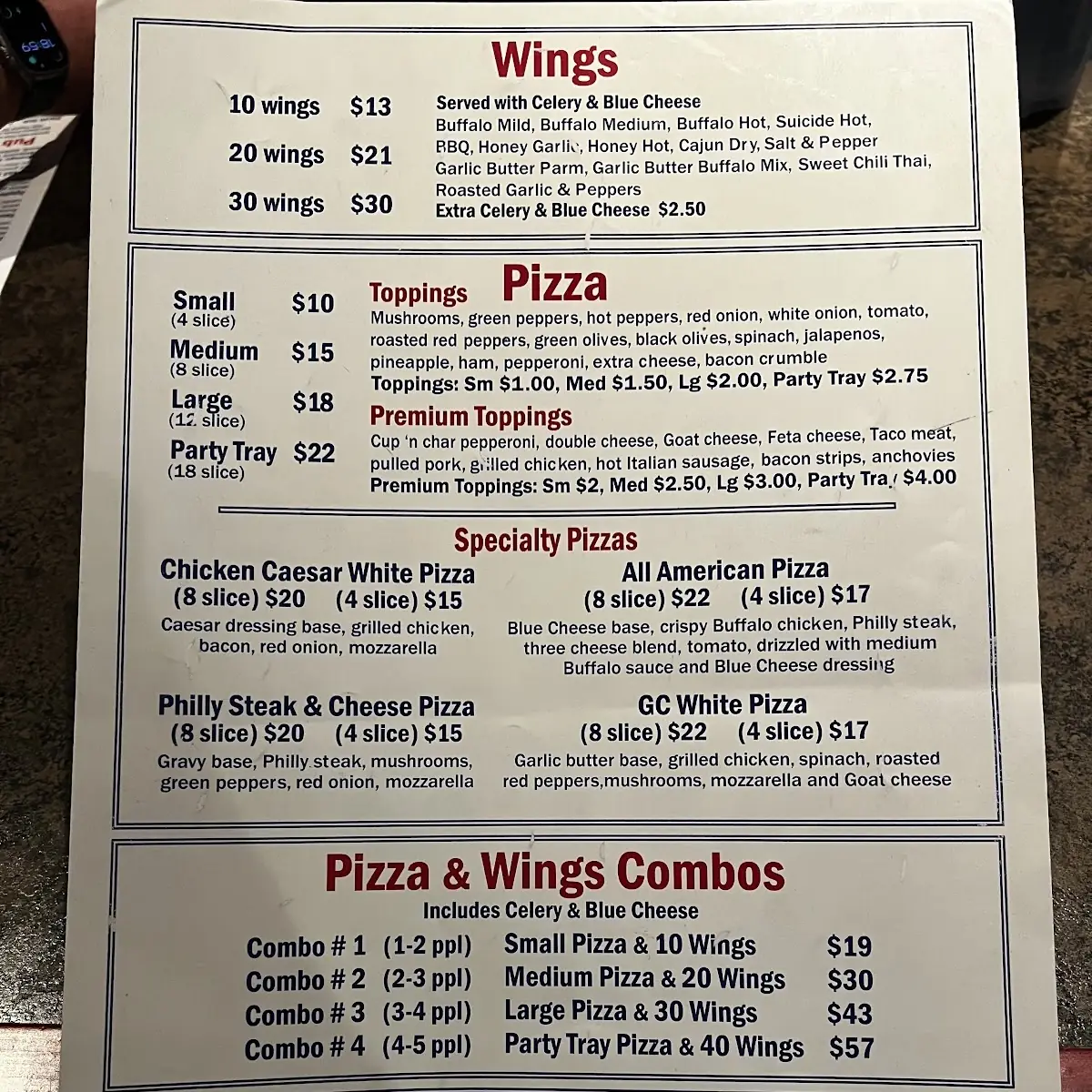 Menu, Grand Central Sports