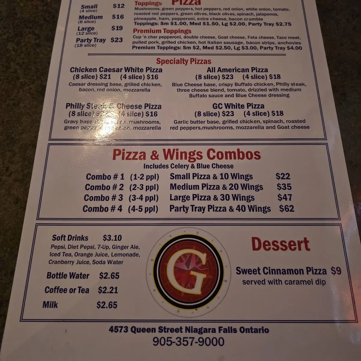Menu, Grand Central Sports