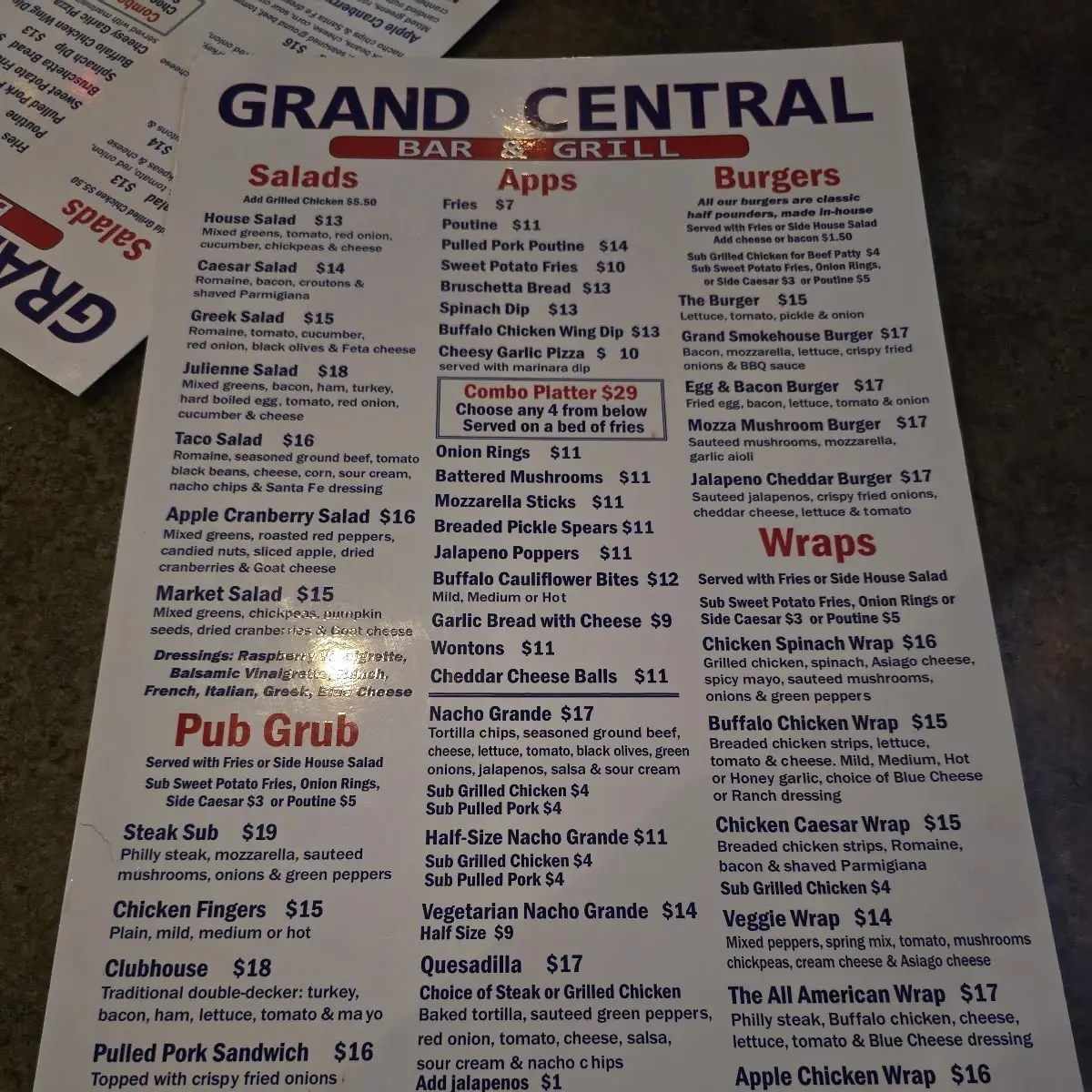 Menu, Grand Central Sports