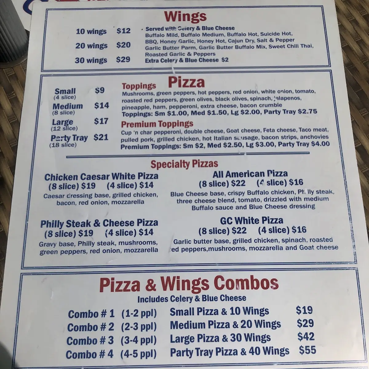 Menu, Grand Central Sports