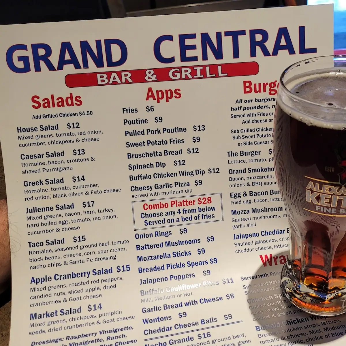 Menu, Grand Central Sports