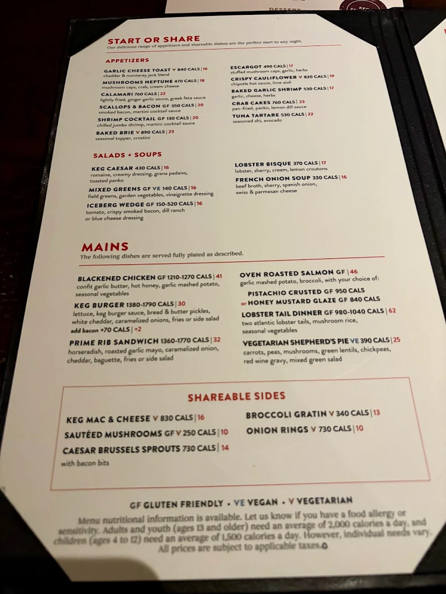 Menu, The Keg Steakhouse + Bar - Niagara Falls Courtyard Marriott