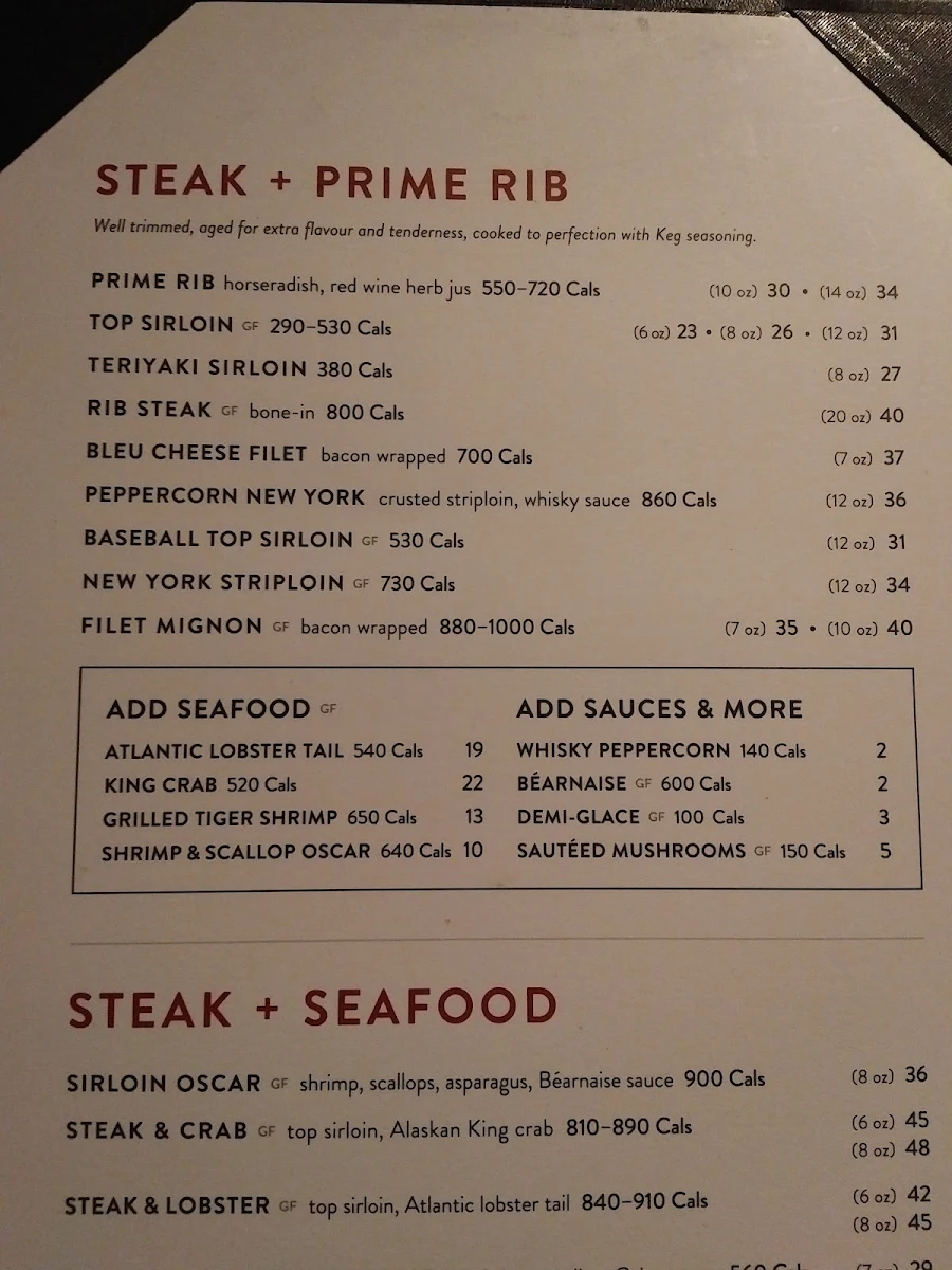 Menu, The Keg Steakhouse + Bar - Niagara Falls Courtyard Marriott