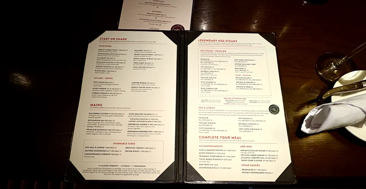 Menu, The Keg Steakhouse + Bar - Niagara Falls Courtyard Marriott