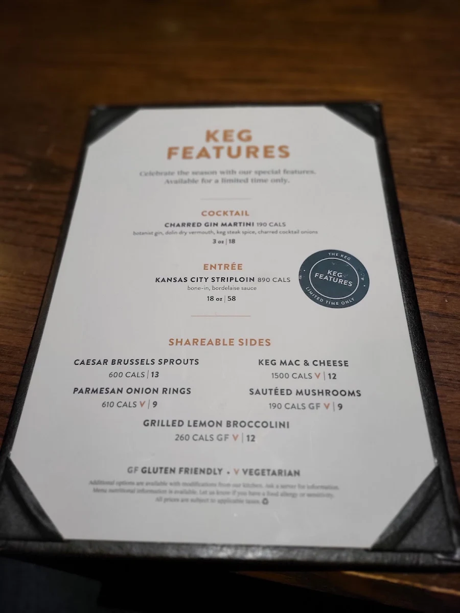 Menu, The Keg Steakhouse + Bar - Niagara Falls Courtyard Marriott