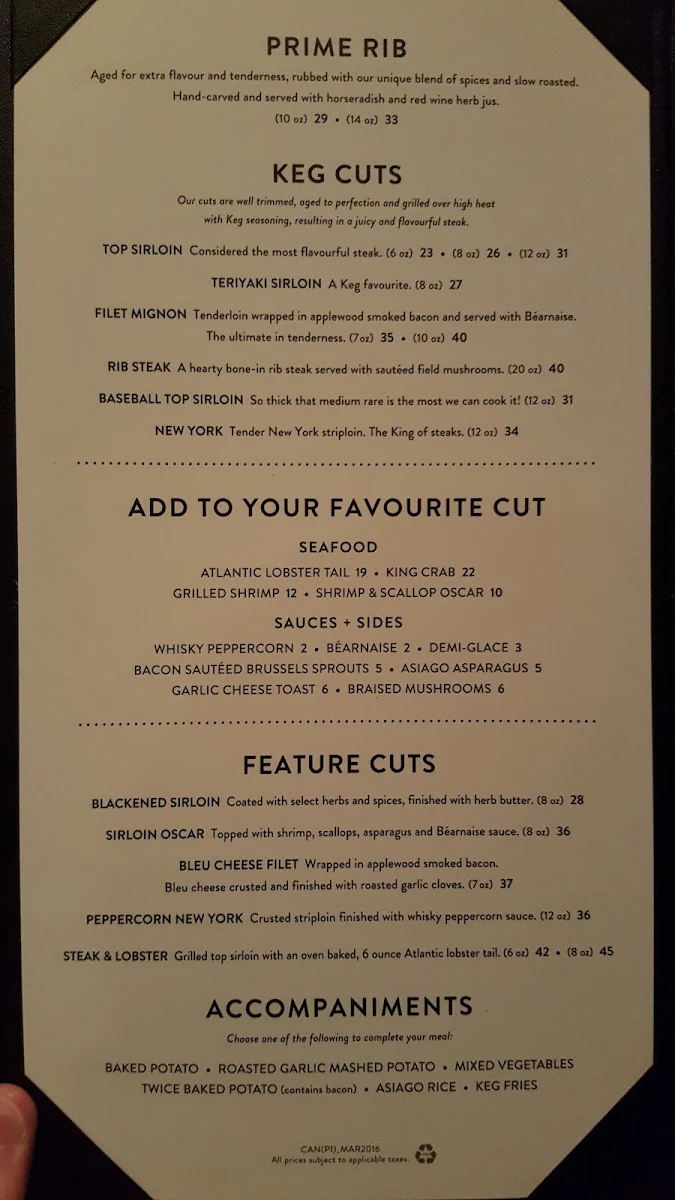 Menu, The Keg Steakhouse + Bar - Niagara Falls Courtyard Marriott