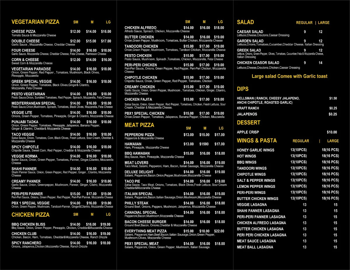Menu, PBX1 PIZZA & GRILL INC.