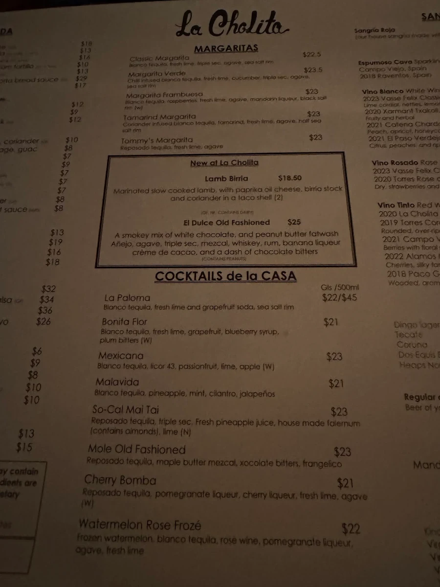 Menu, La Cholita