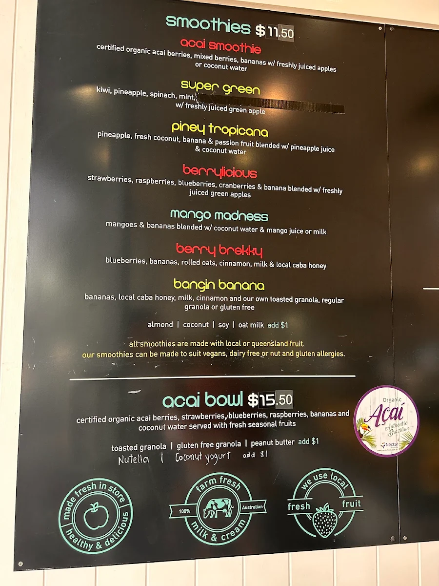 Menu, Gelato and Açai Cabarita Beach