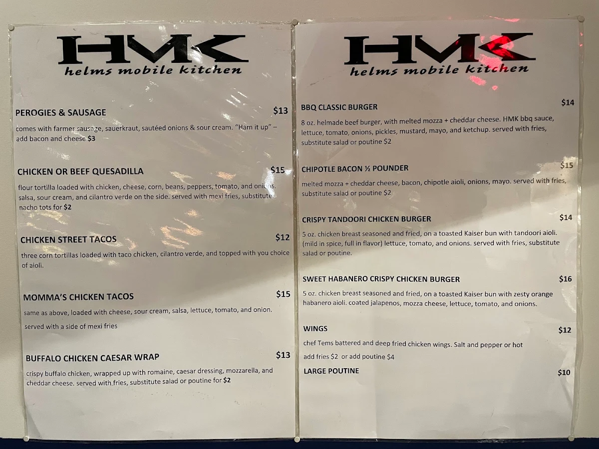 Menu, Helm's Mobile Kitchen & Restaurant