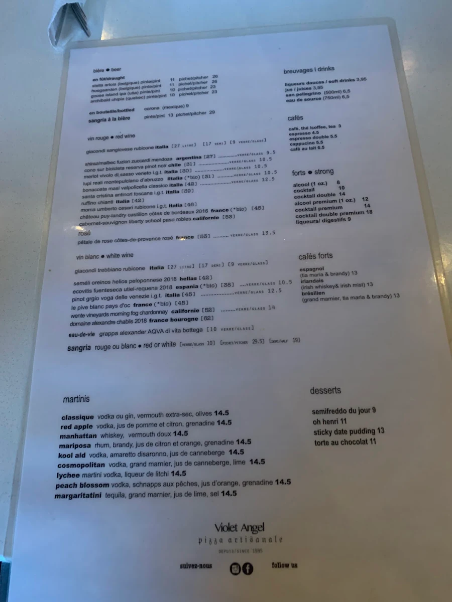 Menu, Restaurant Violet Angel