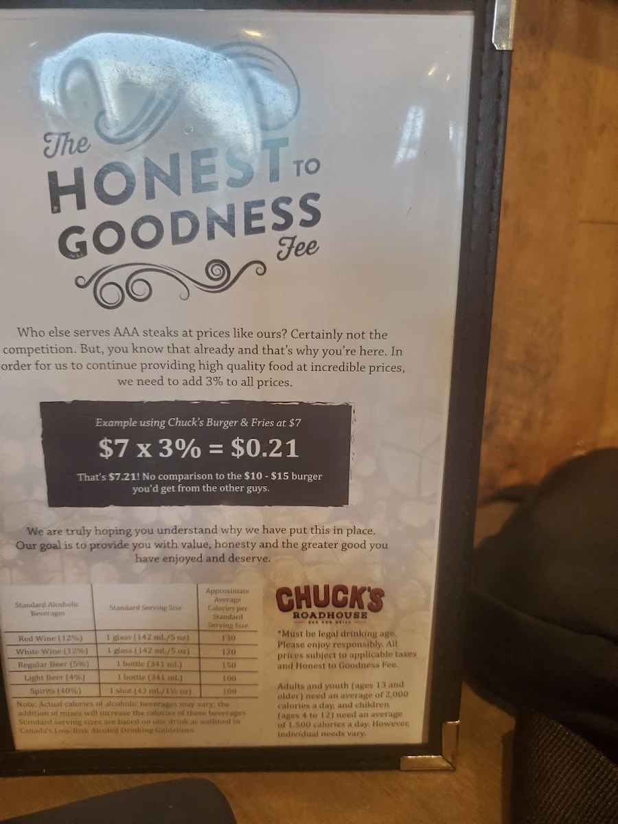 Menu, Chuck's Roadhouse Bar and Grill