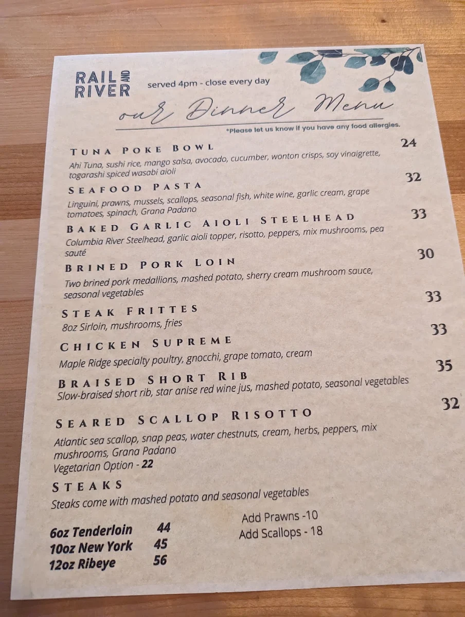 Menu, Rail & River Bistro