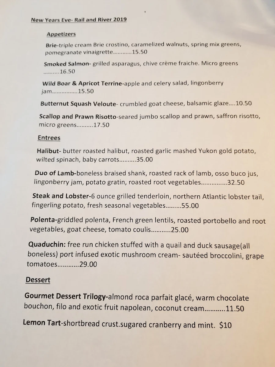 Menu, Rail & River Bistro