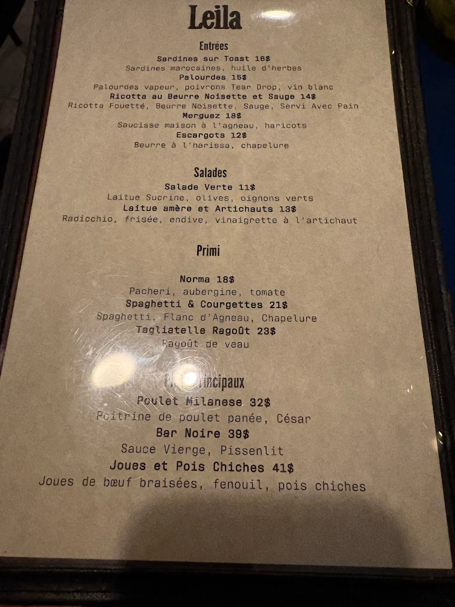 Menu, Leila