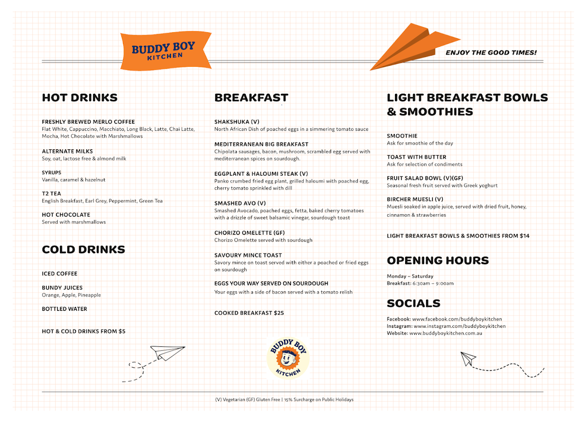 Menu, Buddy Boy Kitchen Parkes