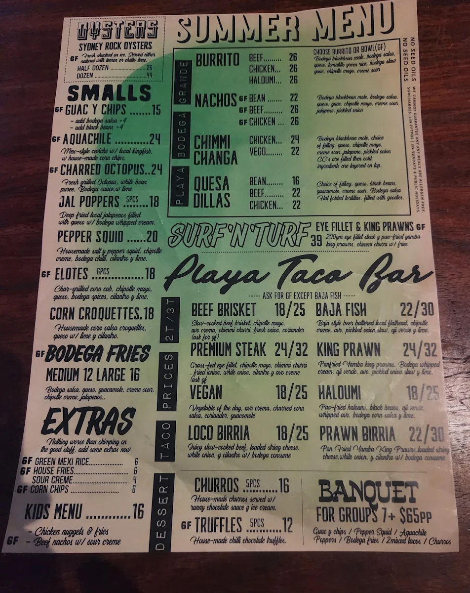 Menu, Playa Bodega