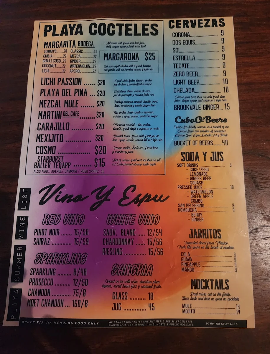 Menu, Playa Bodega