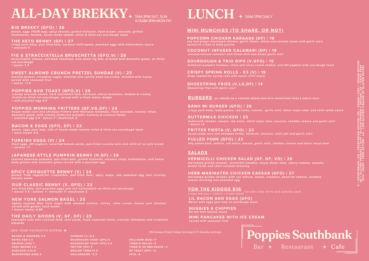 Menu, Poppies Southbank