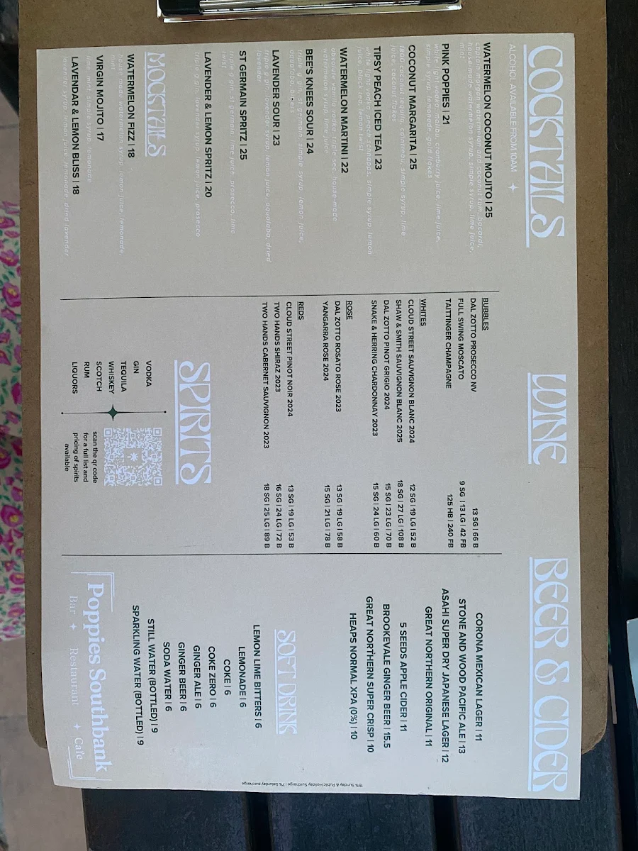 Menu, Poppies Southbank