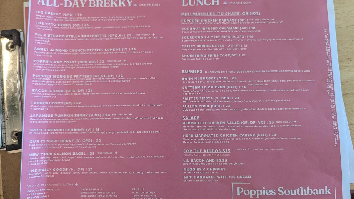 Menu, Poppies Southbank