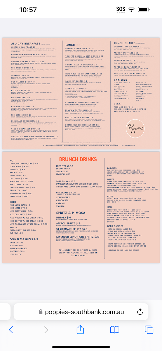 Menu, Poppies Southbank
