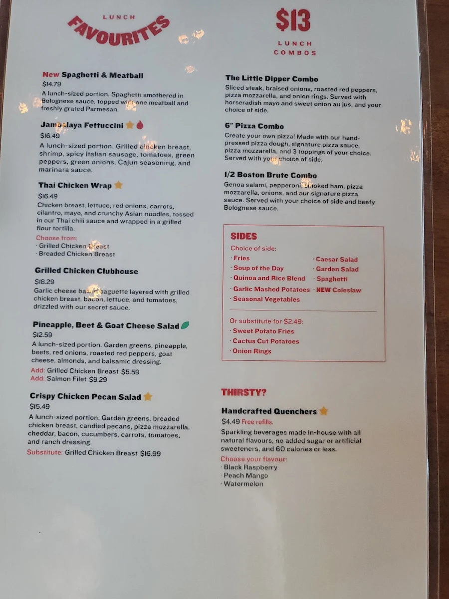 Menu, Boston Pizza