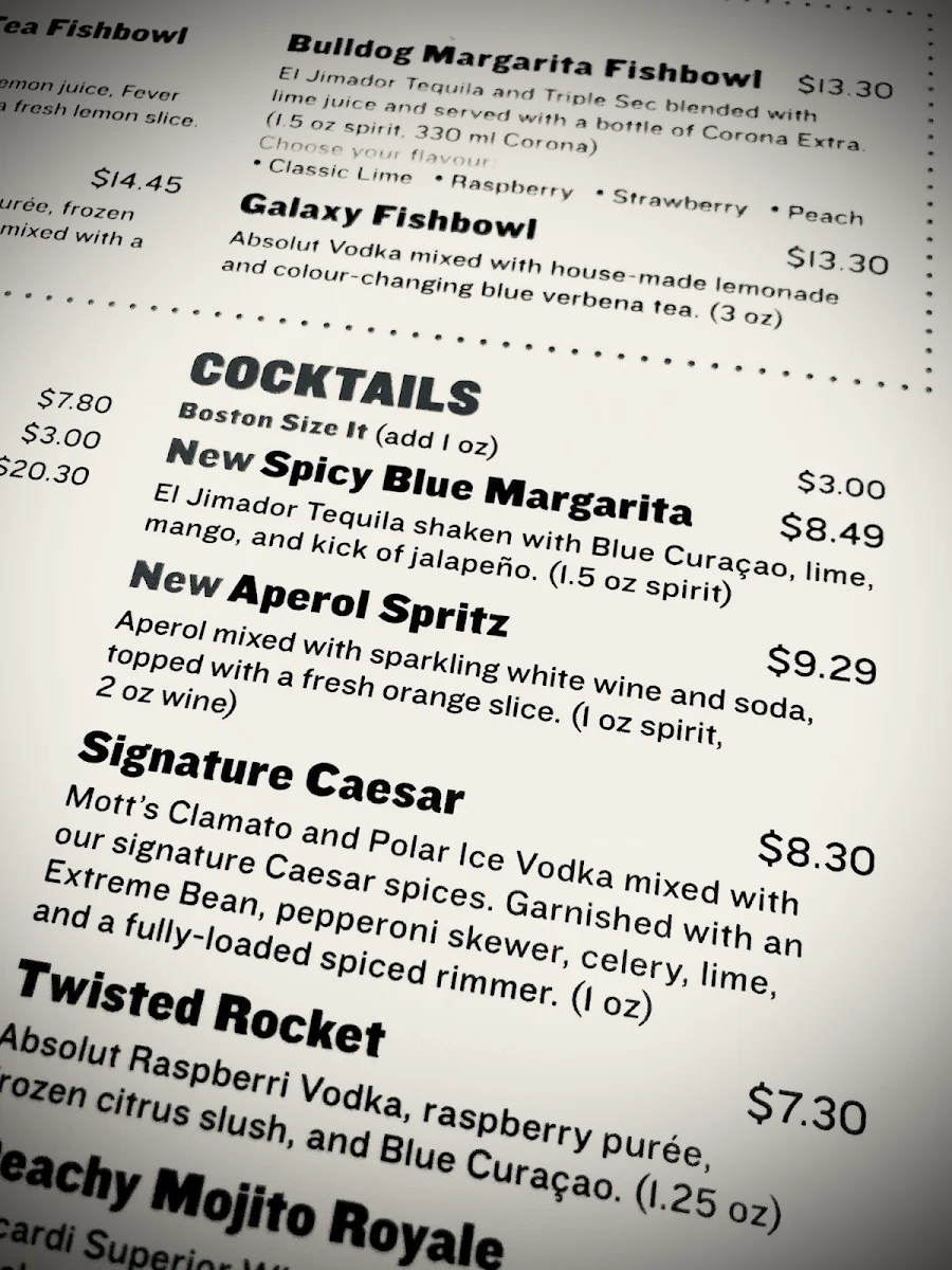 Menu, Boston Pizza