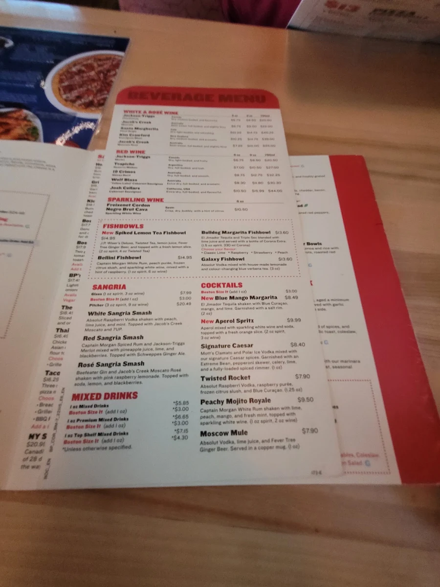 Menu, Boston Pizza
