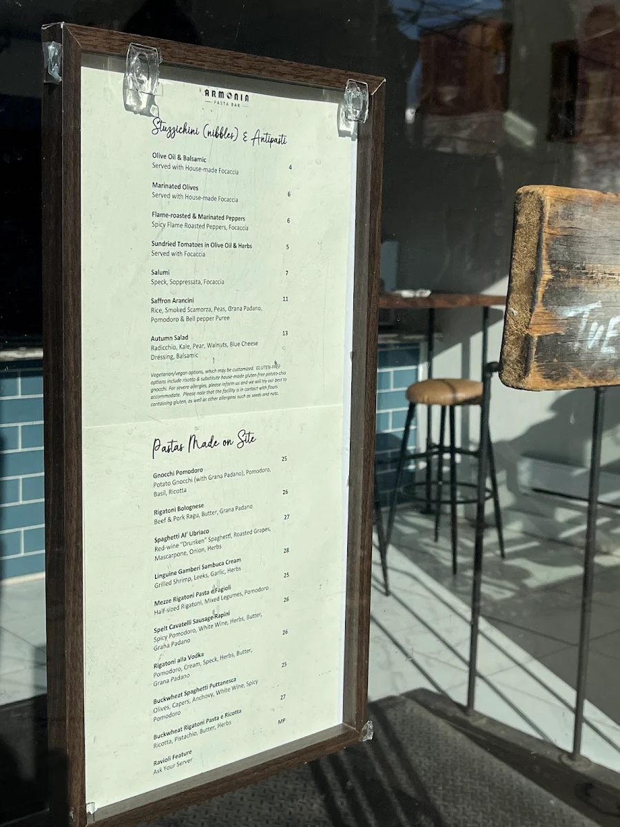 Menu, Armonia Pasta Bar