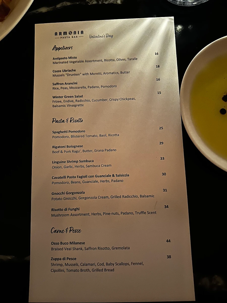 Menu, Armonia Pasta Bar