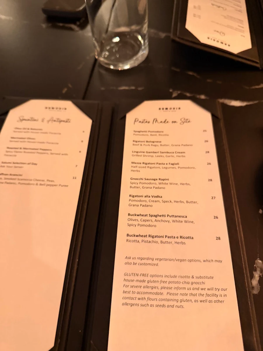 Menu, Armonia Pasta Bar