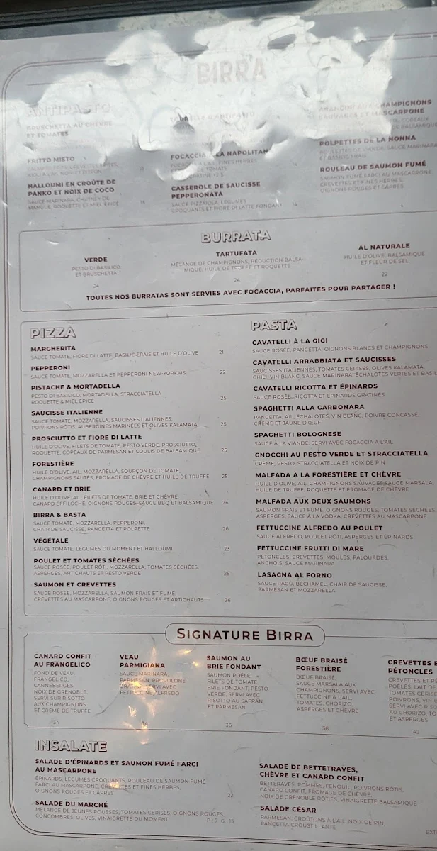 Menu, Birra