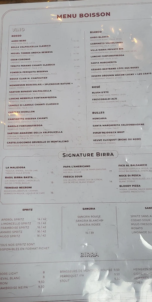 Menu, Birra