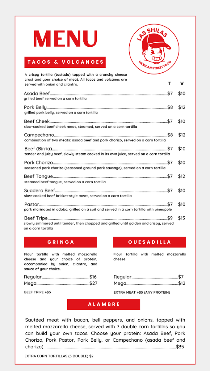 Menu, Las Shilas Mexican Street Food | New Westminster