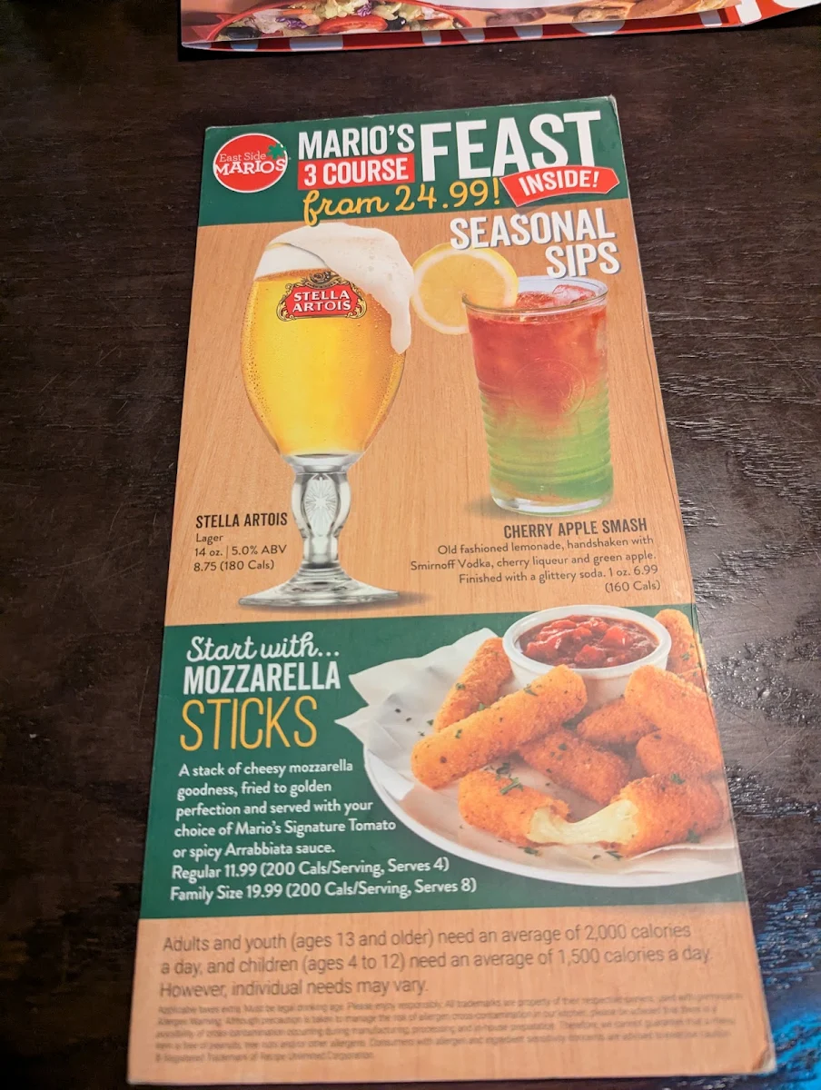 Menu, East Side Mario's