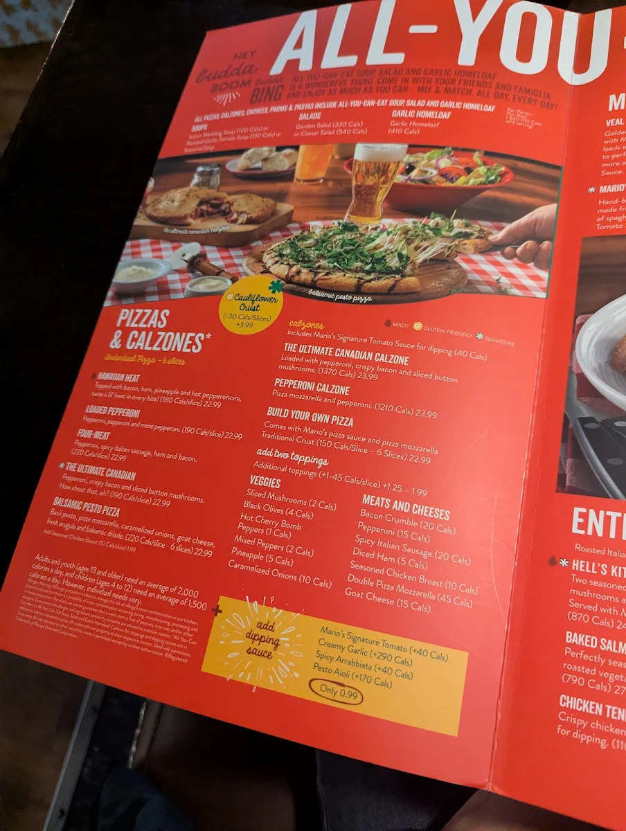 Menu, East Side Mario's
